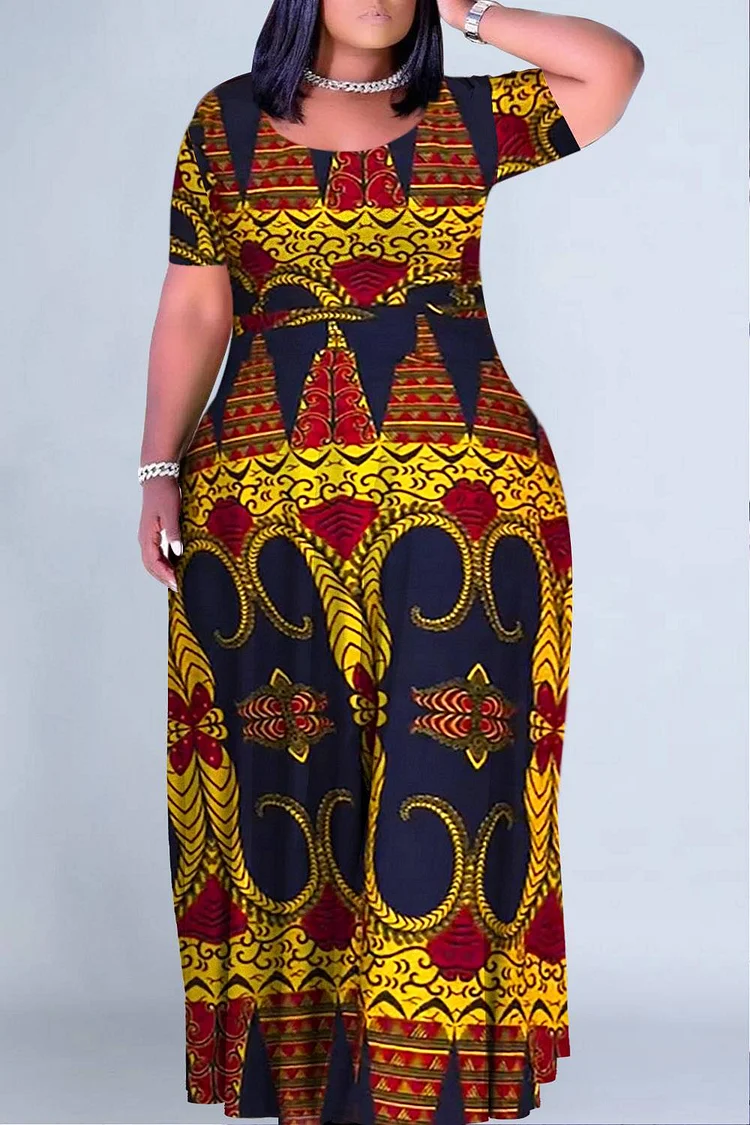 Plus Size Daily Yellow Ankara Round Neck Short Sleeve Knitted Maxi Dresses 