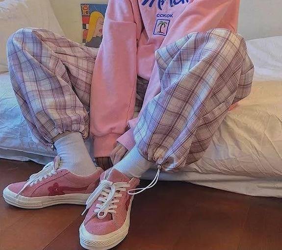Plaid Pants Women Autumn Fashion Pink High Waist Pants Casual Loose All-Match Trousers Plus Hip Hop Harem Pants Women's