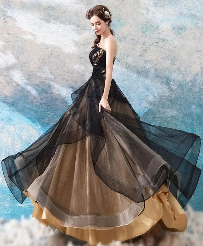 Black Sweetheart Neck Tulle Long Prom Dress, Black Evening Dress