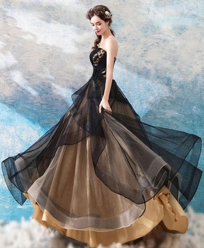 Black Sweetheart Neck Tulle Long Prom Dress, Black Evening Dress