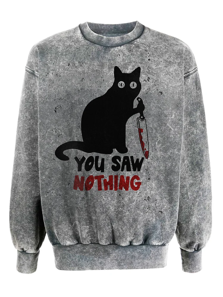 Men's Halloween Cat Bloody Knife You Saw Nothing Print Sweatshirt