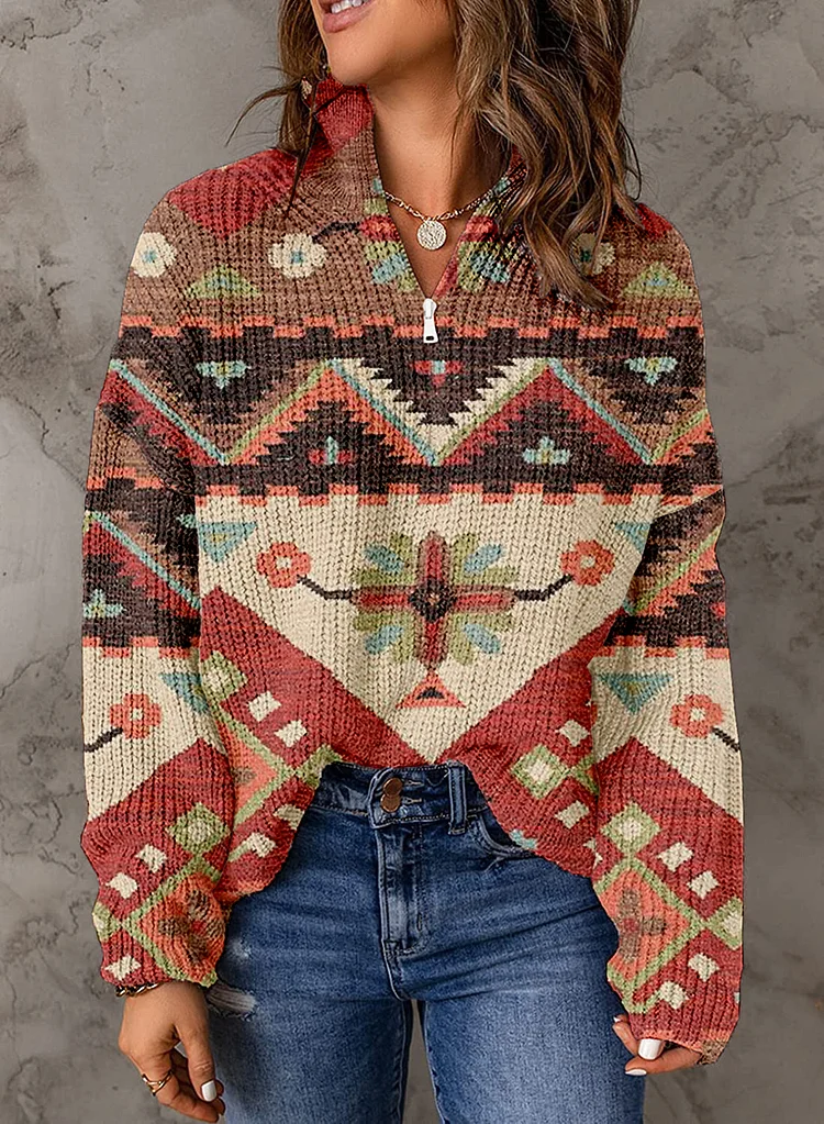 Women's Retro Ethnic Cross Print Zipper Collar Sweater