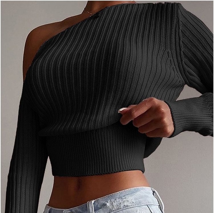 Oblique Collar Sexy Knitted Sweater Women Winter One Shoulder Long Sleeve Asymmetrical Pullover White High Street Jumper - BlackFridayBuys