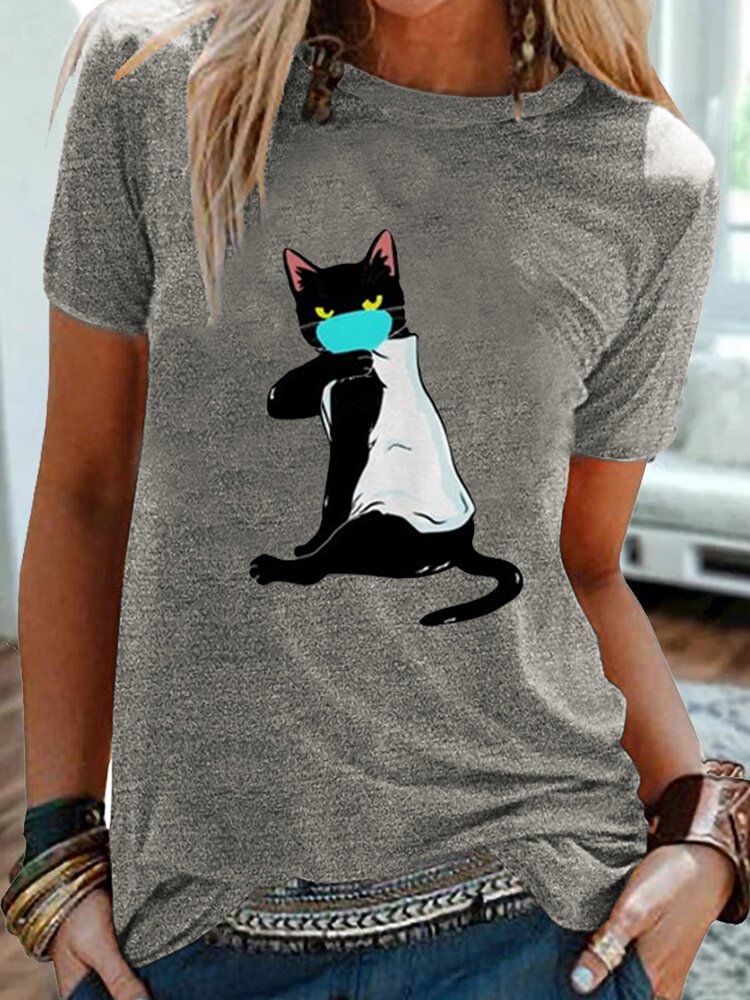 Cat Printed Short Sleeve O Neck T shirt For Women P1667133