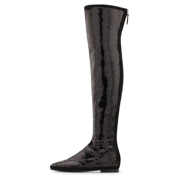 Sparkly Black Sequin Almond Toe Zip Flat Over The Knee Boots |FSJ Shoes