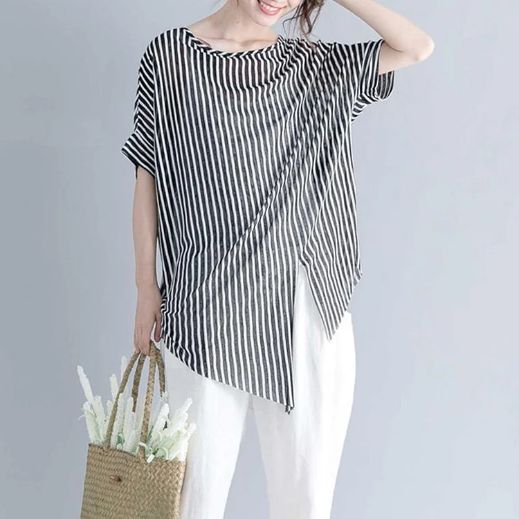 vintage striped Midi-length cotton t shirt Loose fitting traveling blouse fine short sleeve o neck asymmetrical design cotton shirts