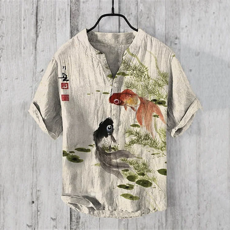 Comstylish Men's Vintage Japanese Art Goldfish Casual Linen Blend Shirt