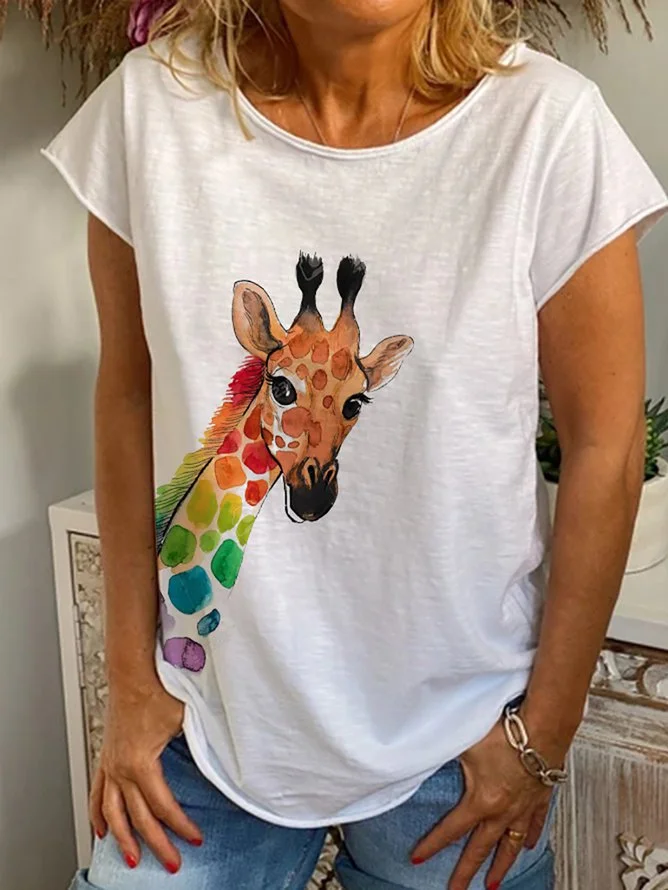 White Short Sleeve Animal Crew Neck Shirts & Tops Zaesvini