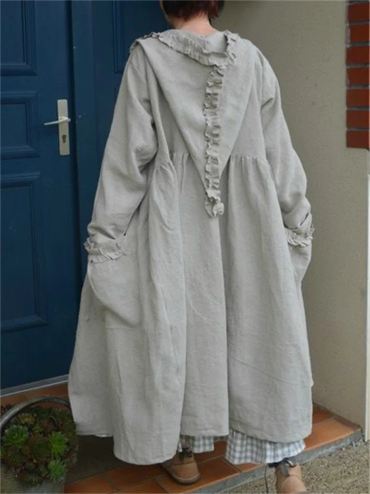Vintage Ruffle Elf Hooded Buttonthrough Maxi Dress