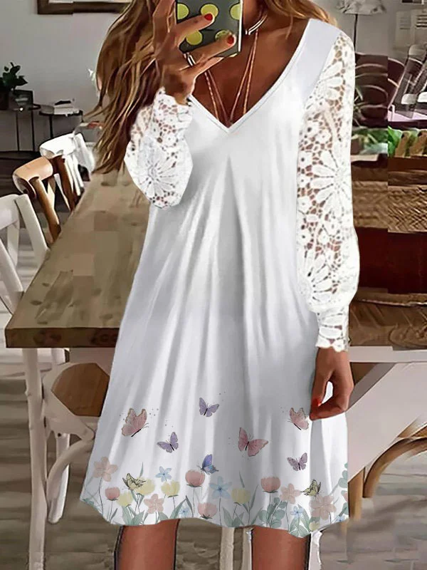 Butterfly Lace Hollow Cotton Blend Casual Dress