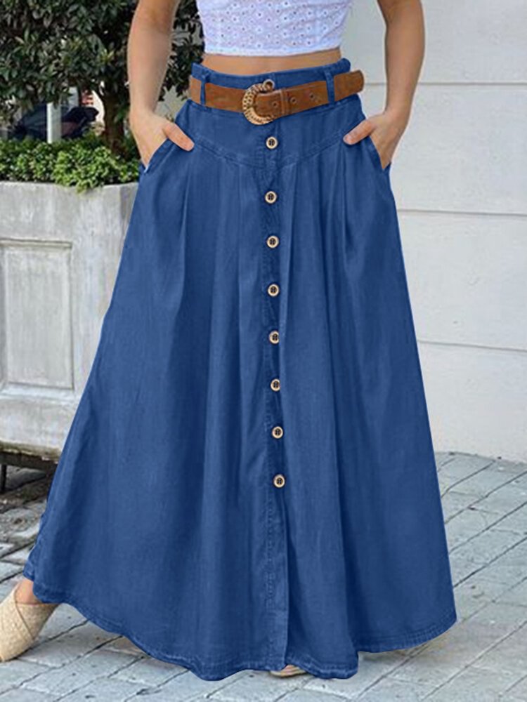 Solid Button Pocket Ruch Casual Maxi Skirt