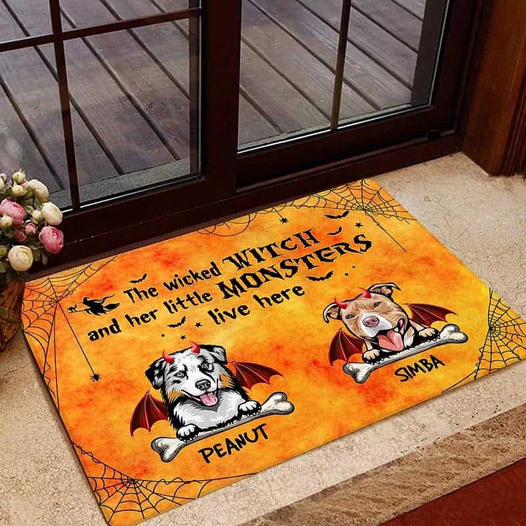 Personalized Halloween Doormat with 2 Names Home Decor "Wicked Witch & Little Monster Dog"
