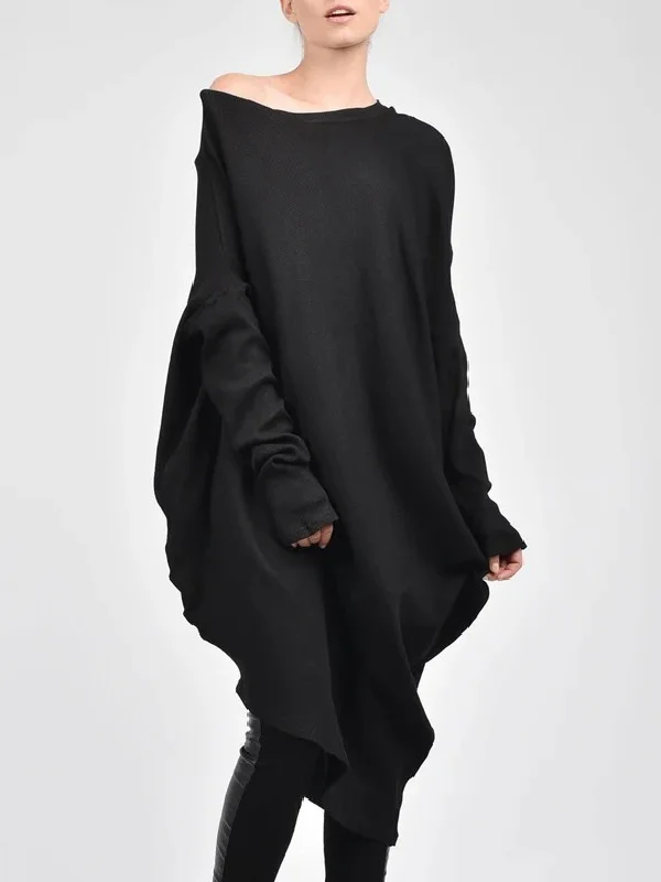 Urban Asymmetric Pure Color Black Midi Dress