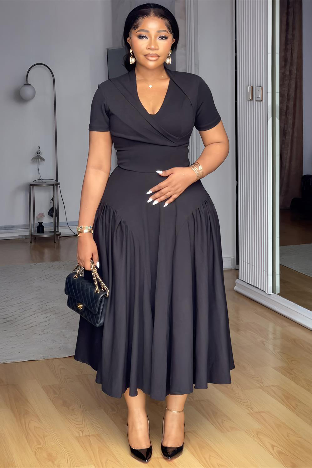 U Neck Short Sleeve Cinch Waist A-Line Solid Color Casual Midi Dresses-Black
