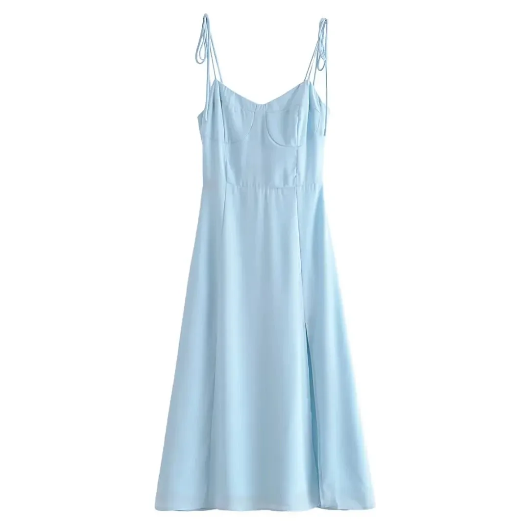 Tlbang Women French Style Light Blue Front Slit Sling Dresses Sexy Sleeveless High Waist Female Holiday Summer Chiffon Dress