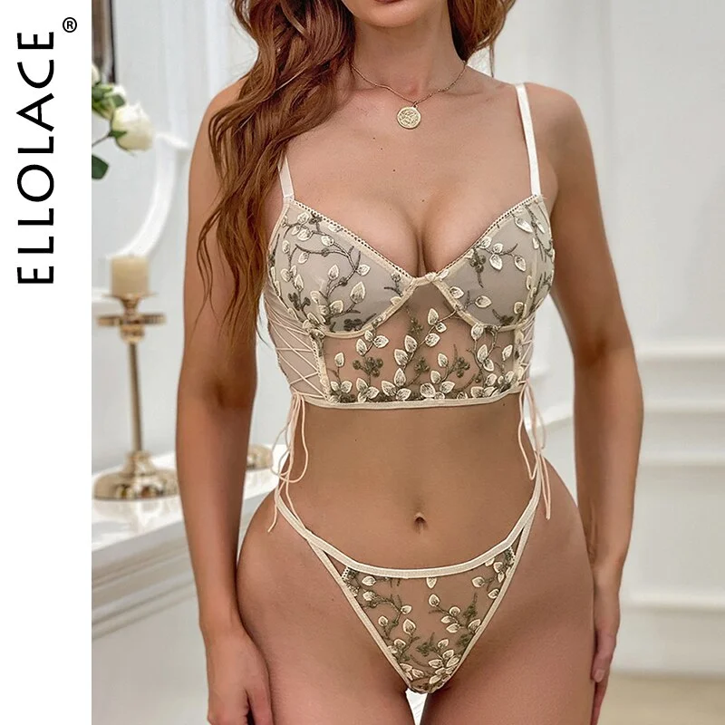 Ellolace Underwear Set Sexy Lingerie Transparent Bra Set Floral