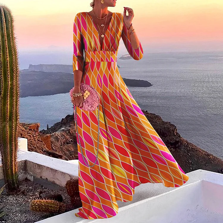 Vefave Deep V-Neck Geometric Colorful Print Maxi Dress