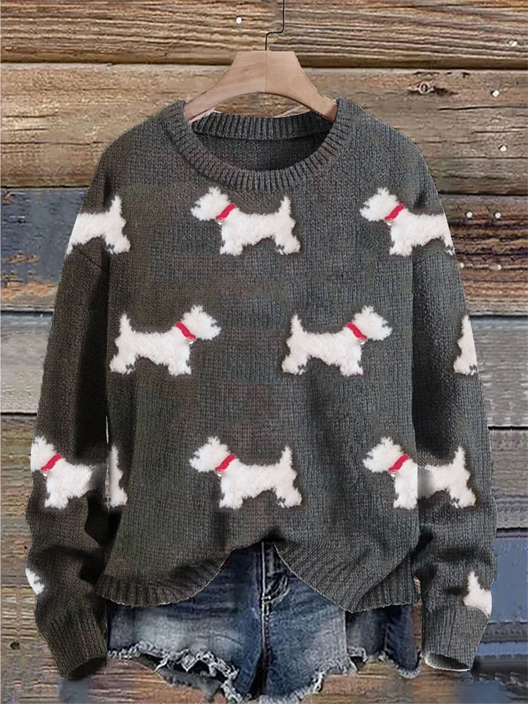 VChics Fuzzy Scottie Dog Plush Pattern Cozy Knit Sweater