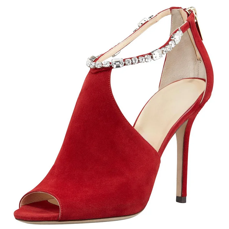 Red Rhinestone Ankle Strap Suede Platform Sandals with Peep Toe Vdcoo