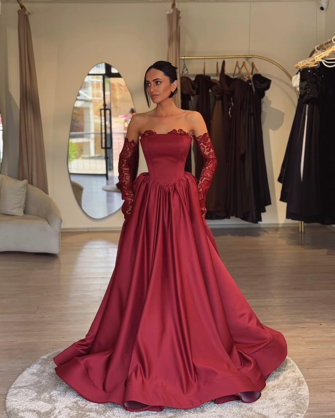 red formal dress with gloves Portia & Scarlett One Shoulder Beaded Embellishment with Gloves Gown PS23208 12 / Pink main image 0