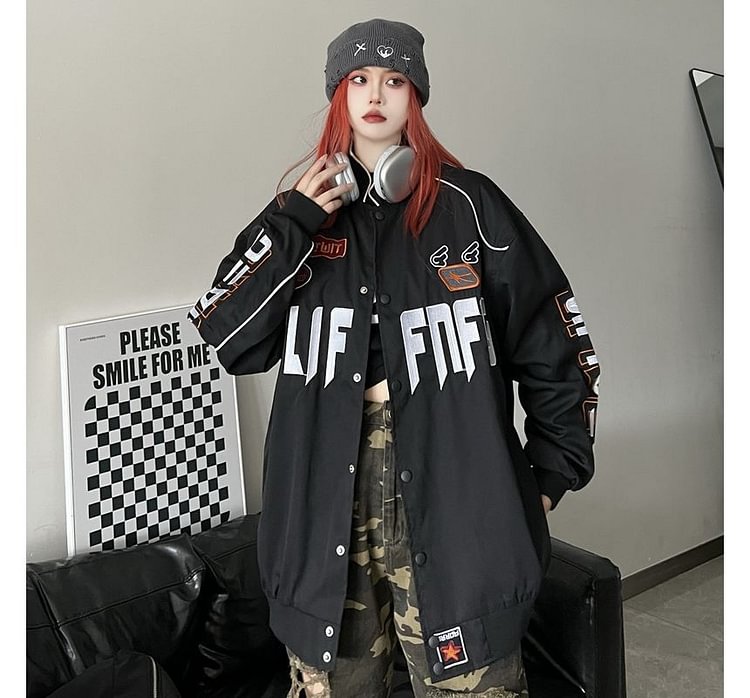 Collared Lettering Button Baseball Jacket E549