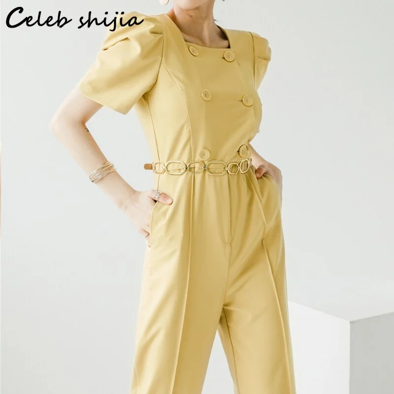 Woherb Jumpsuit Women Chic 2022 Summer Double Breasted Elegance Jump Suits for Women Business Golden Chain Overalls Korean