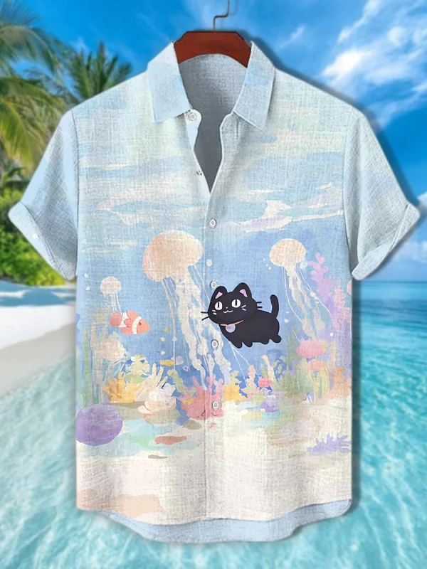 Men's Jellyfish And Black Cat In The Sea Print Short Sleeve Shirt