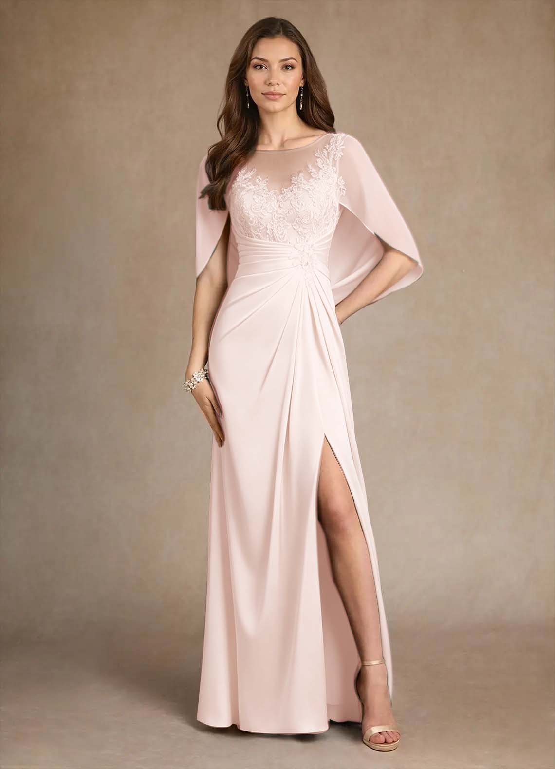 Daisda Scoop Long Pleated A-Line Mother Of The Bride Dress With Cape And Appliques
