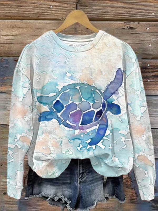 Women's Casual Sea Turtle Crew Neck Graphic Print Sweatshirt