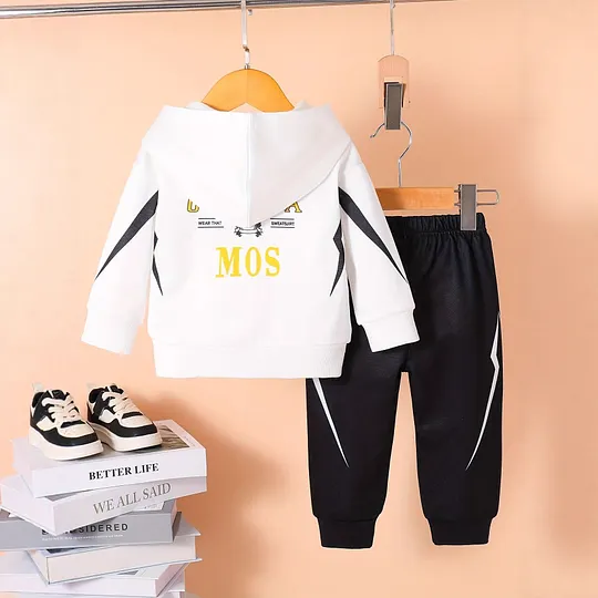 【6M-3Y】Boys Fleece Letter Print Hooded Long Sleeve Top & Pants Set