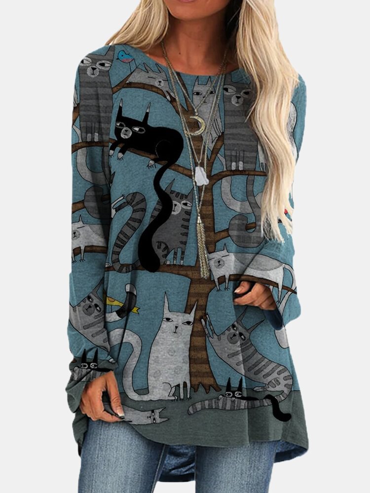 Cartoon Cat Print O neck Long Sleeve Blouse For Women P1736920