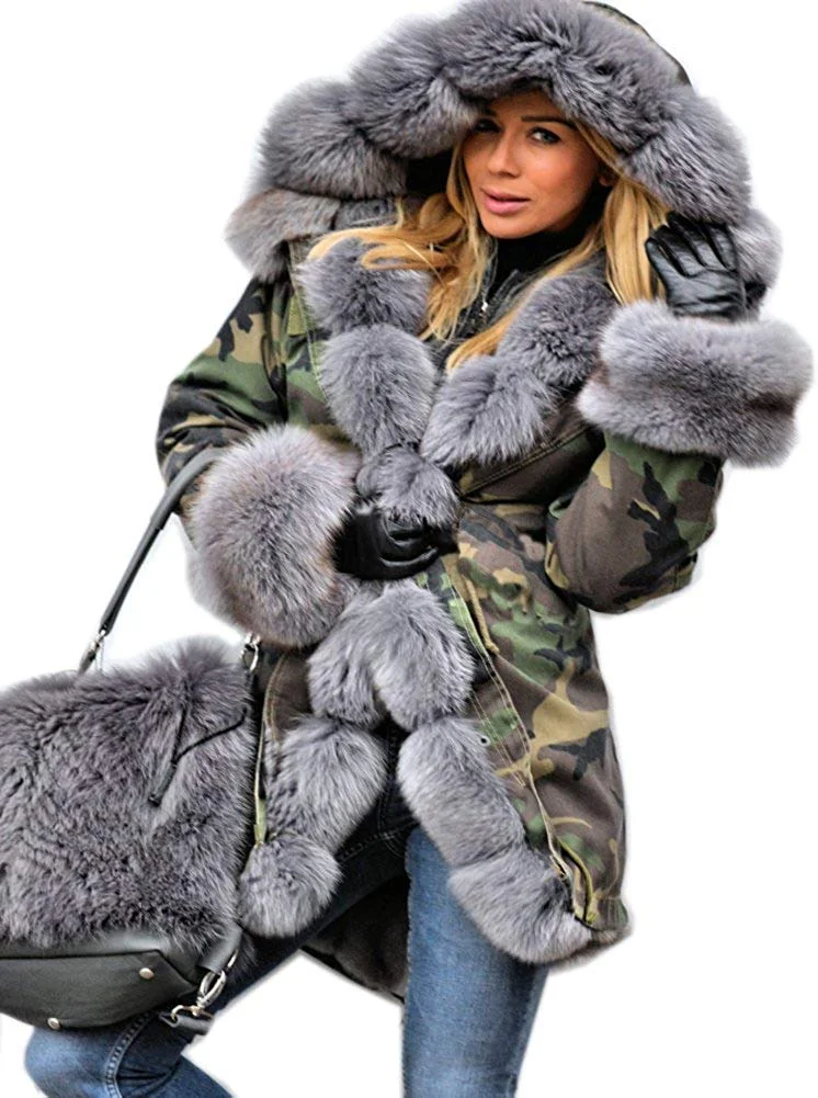 Winter Camo Plus Size Jacket Snow Parka Outwear Women Hood Coat Faux Fur Thicken Lined Overcoat