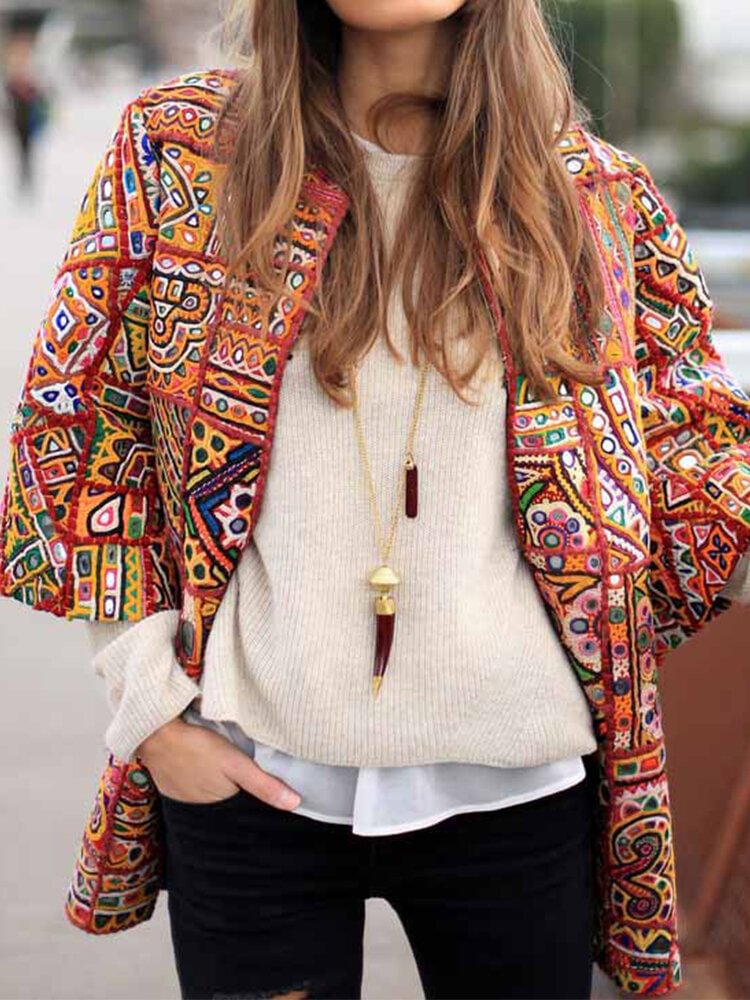3/4 Sleeve Ethnic Print Vintage Kimono For Women P1554198