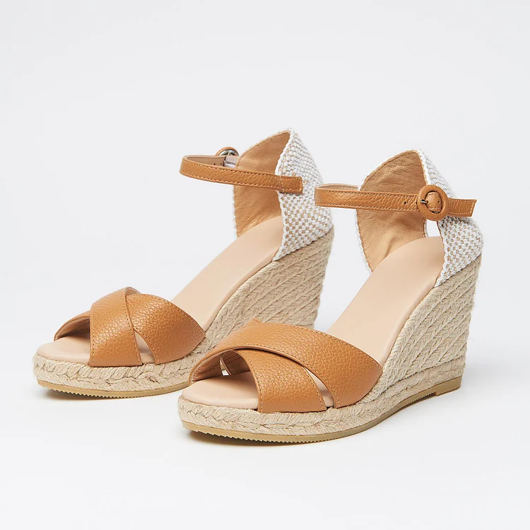 Tan Litchi Grain Espadrille Wedges Platform Ankle Strap Sandals |FSJ Shoes
