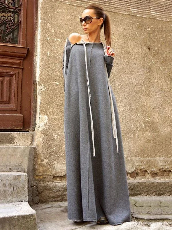 Minimalist Gray Split-joint Lace-up Maxi Dress