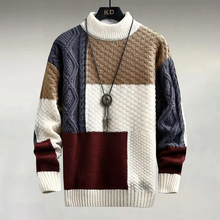 Men's Casual Colorblock Patchwork Thickened Textured Knitted Sweater