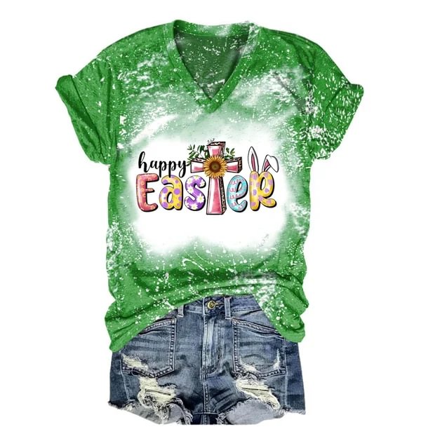 Women's Happy Easter With Cross Print V-Neck T-Shirt