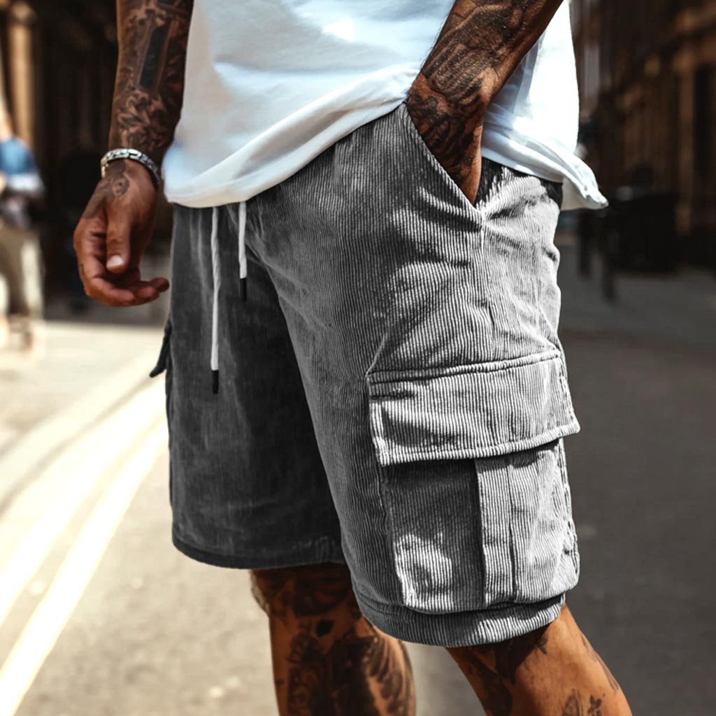 thesupersurf Men's Vintage Gray Corduroy Surf Multi-Pocket Workwear Cargo Shorts
