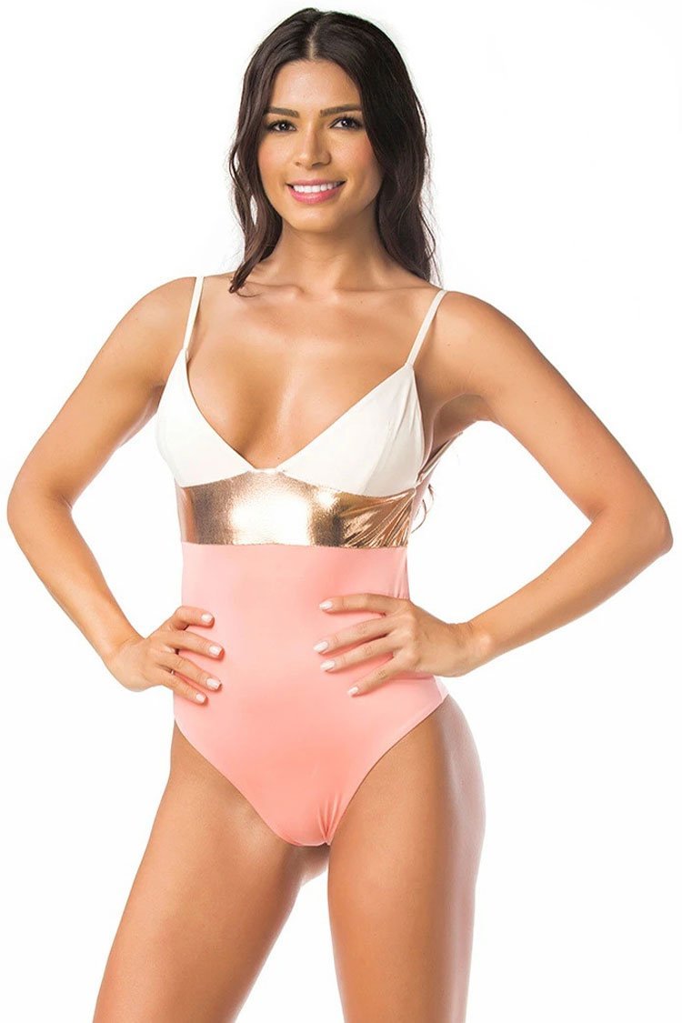 Contrast Metallic V Neck Low Back Brazilian One Piece Swimsuit - Shop Trendy Women's Clothing | LoverChic