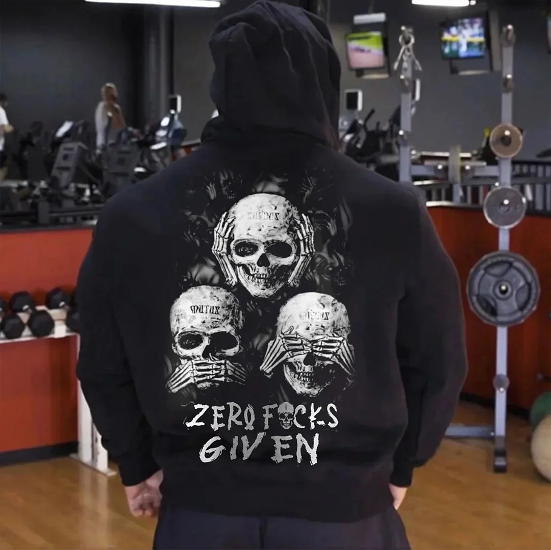 ZERO FUCKS GIVEN Skulls Vintage Style Graphic Black Print Hoodie
