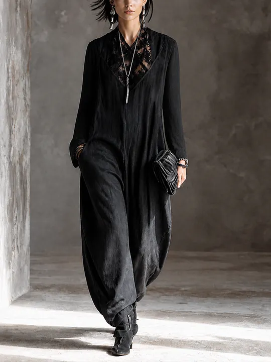 Women's Lace Panel Edgy Harem Jumpsuit MD
