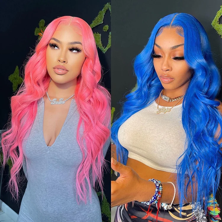 Pink/Blue Virgin Human Hair Transparent Lace Front Wig