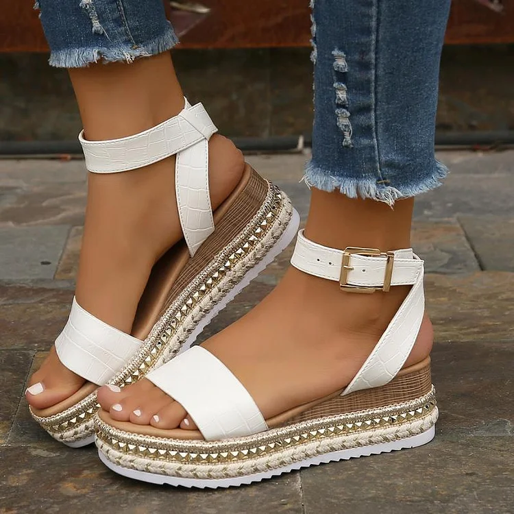 Daily PU Leather Side Buckle Wedge Sandals