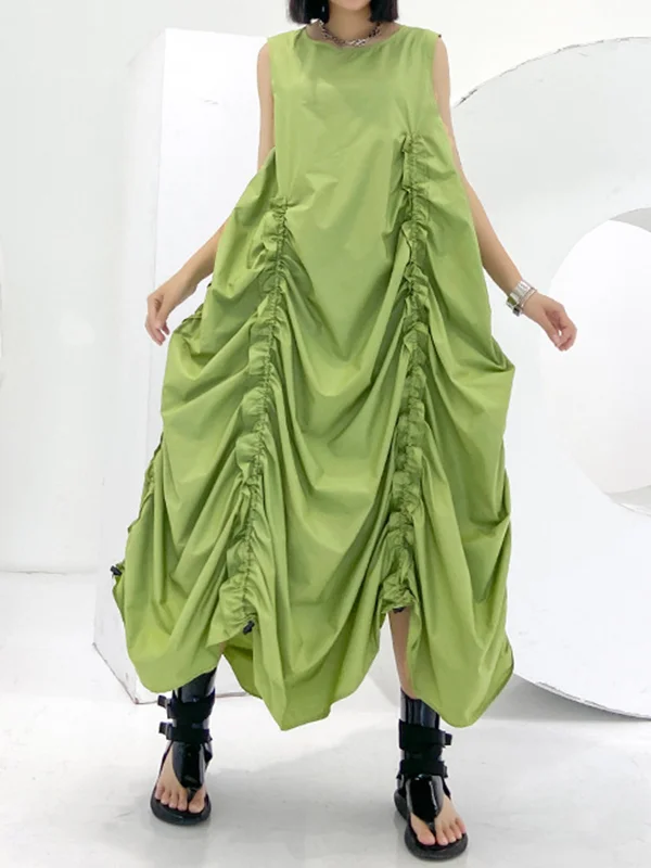 Roomy Sleeveless Pleated Pure Color Round-Neck Midi Dresses