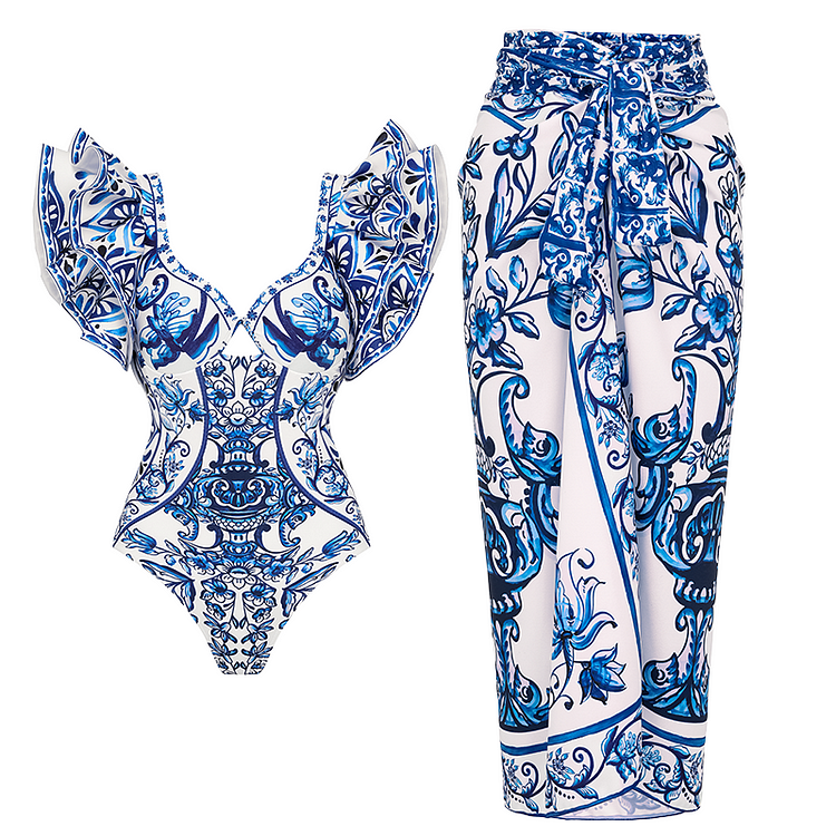 Ruffle Blue and White Porcelain Pattern Majolica Print One Piece Swimsuit and Skirt or Sarong