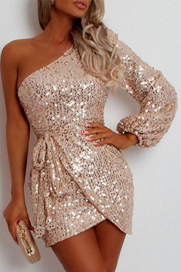 Elegant Solid Sequins With Belt Oblique Collar Evening Dress Dresses - Life is Beautiful for You - SheChoic