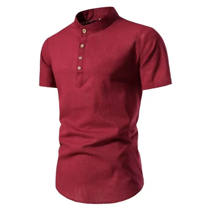 Men's cotton and linen half-open shirt