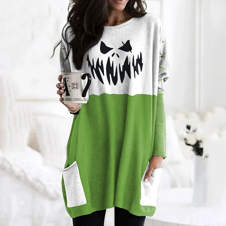 Halloween Devil Contrast Slip Pocket Casual Tunic