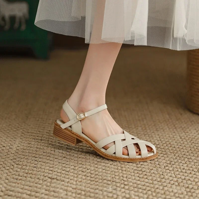 Zhungei Sandals Woman Leather 2024 Summer Nubuck Shoes Closed Toe Espadrilles Platform Suit Female Beige Breathable Low-heeled Comfo