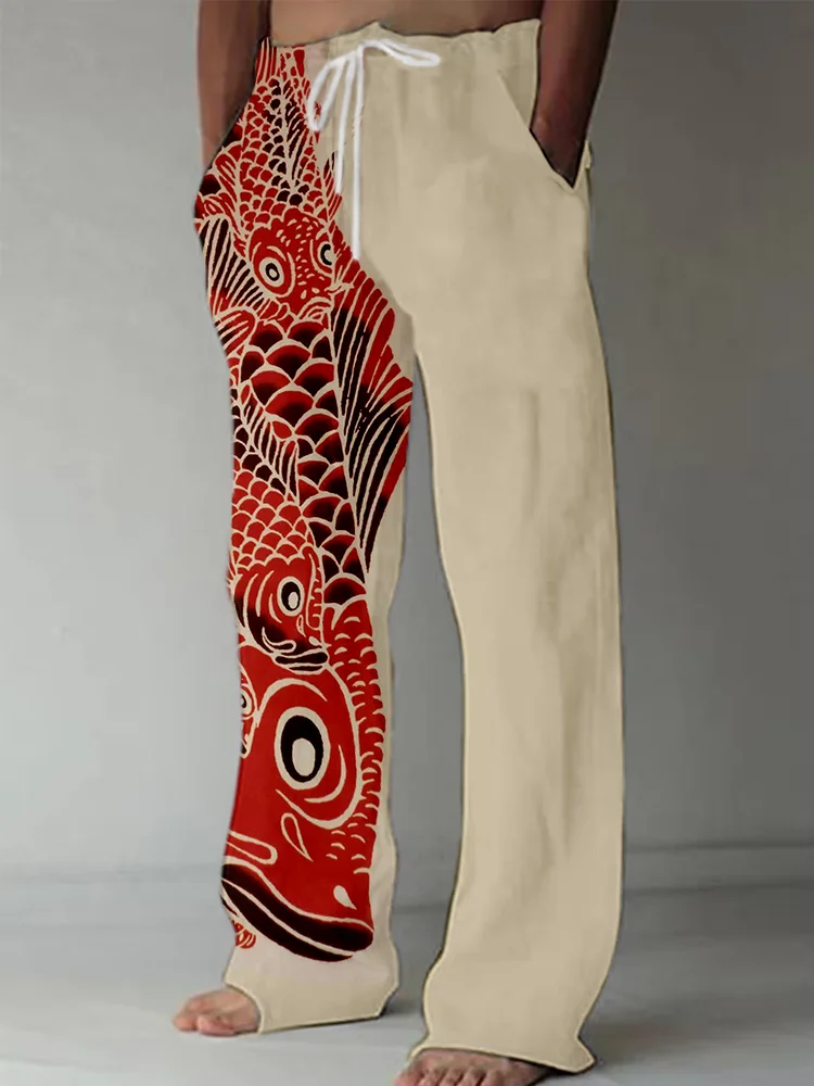 Comstylish Vintage Red Koi Art Linen Blend Casual Pants